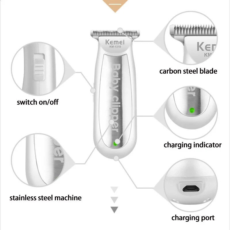 Kemei 1318 Infant Mini Electric Hair Trimmer Baby Hair Clipper Quiet USB Rechargeable Shaver Kids Haircut Beard Razor for Men 250303
