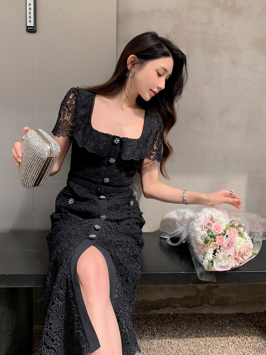 D10135 A3 high quality new women's sexy lapel heavy lace dress high waist slim short sleeve long skirt blue black