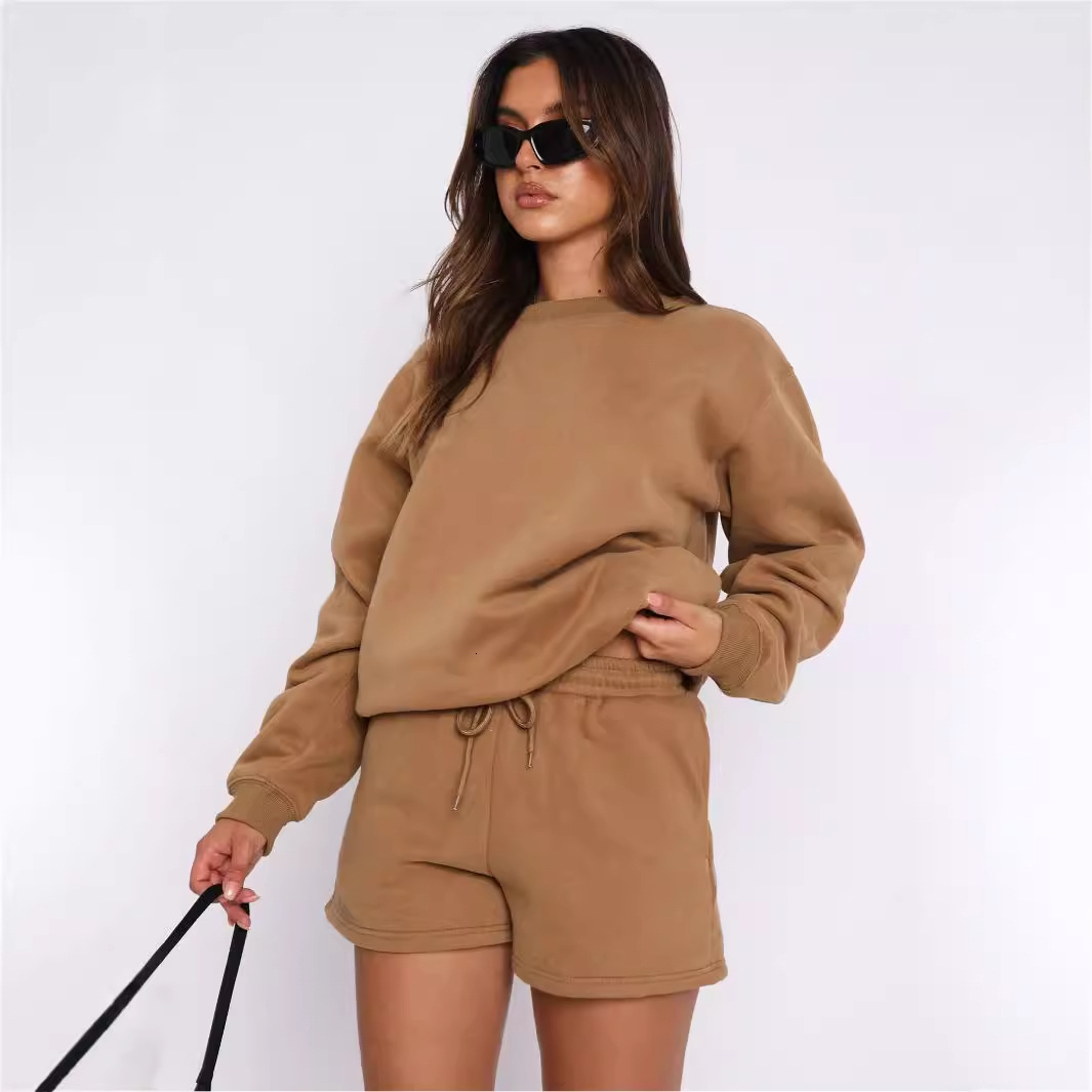 2025 Spring Autumn Women's Clothing New Solid Color Loose Versatile Casual Round Neck Hoodie and Shorts Set