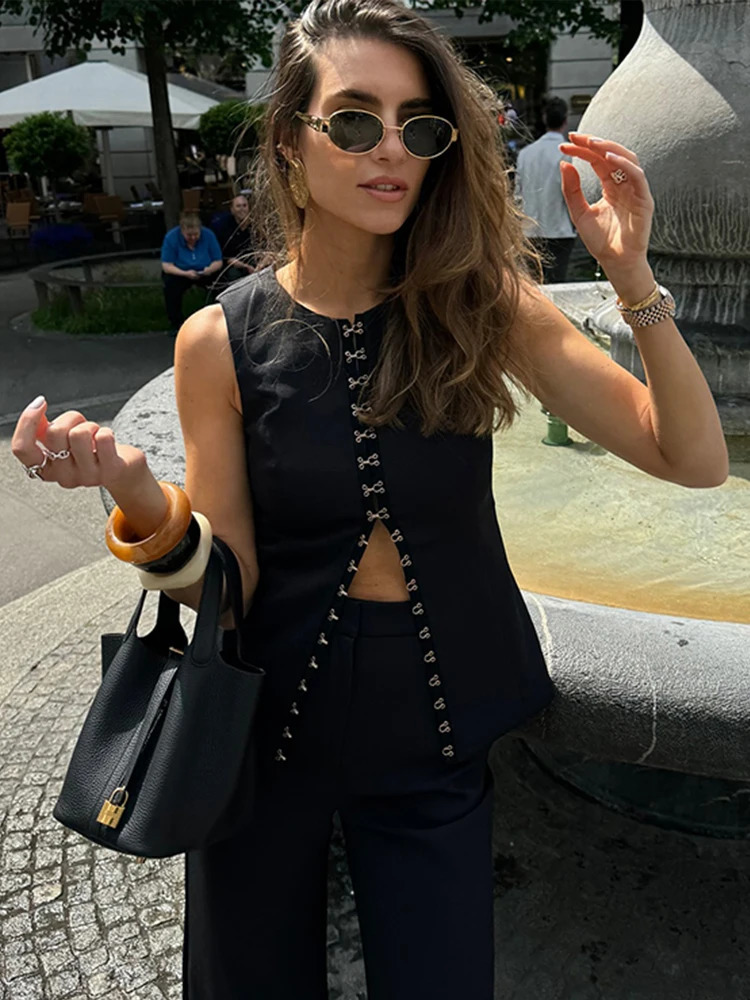 Elegant Pants Sets Women O-neck Sleeveless Single Breasted Slim Vest High Waist Straight Pant Summer Office Lady Outfit 250324