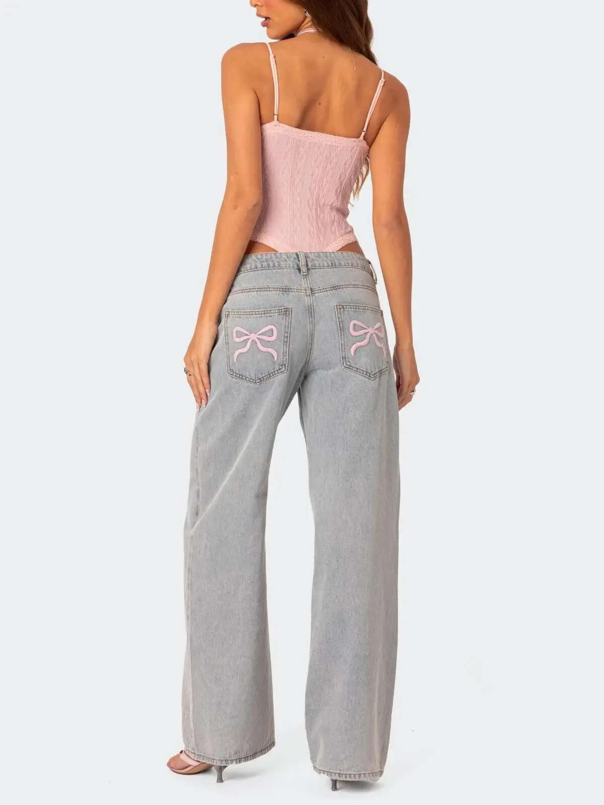 Europe And The United States Casual Comfortable Simple Style Bow Embroidery Fashion Straight Leg Retro Blue Jeans Ins