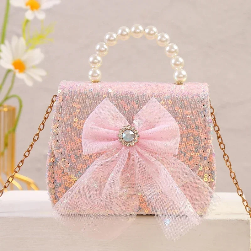 Fashion lace bow childrens shoulder bag pink glitter coin wallet girl pearl handbag Korean princess chain cross body bag 250322