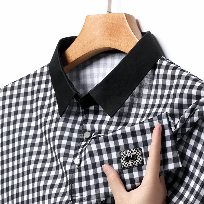 Mens checkered badge short sleeved polo shirt casual summer top comer 250312
