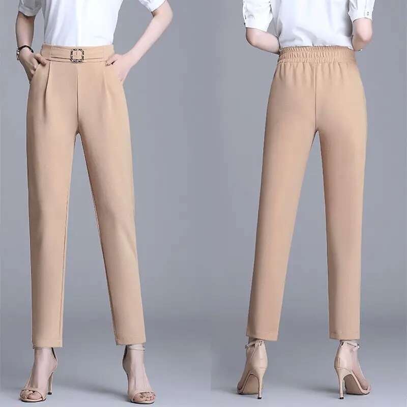 Office Lady Solid All-Match Suit Pants Spring Summer Thin Street Fashion Koreon Women Elastic High Waist Slim Pencil Trousers