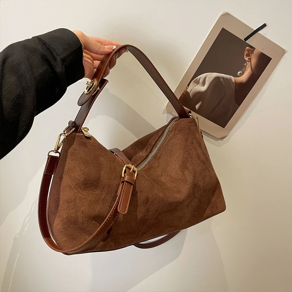 Fashion autumn winter big Boston handbag soft matte suede cowhide womens shoulder cross body gray brown y250317