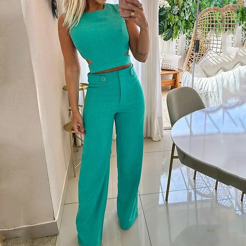 Two Piece Sets Women Splice Tops Sleeveless Button Pants Set Slim Fit Casual Straight Trousers Solid Office Lady Spring 250324