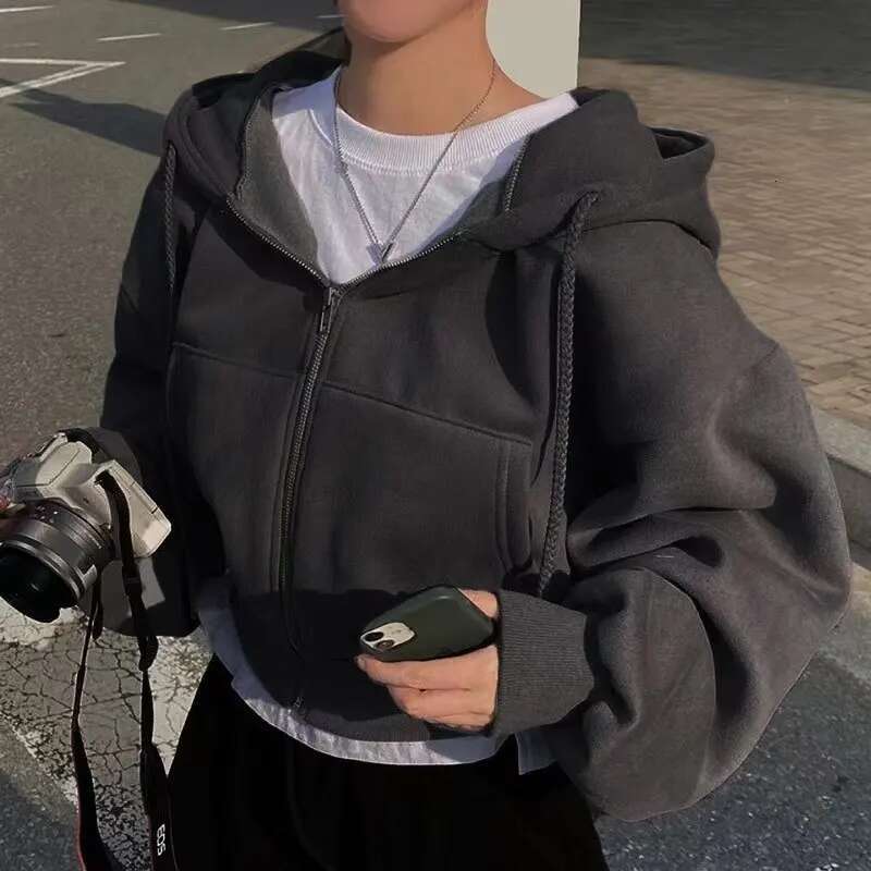 2024 Spring Autumn New Insfleece-Ed Versatile Cropped Slims Smooths Silhouette Zip-Up Warm Navy Blue Hooded Sweatshirt Women