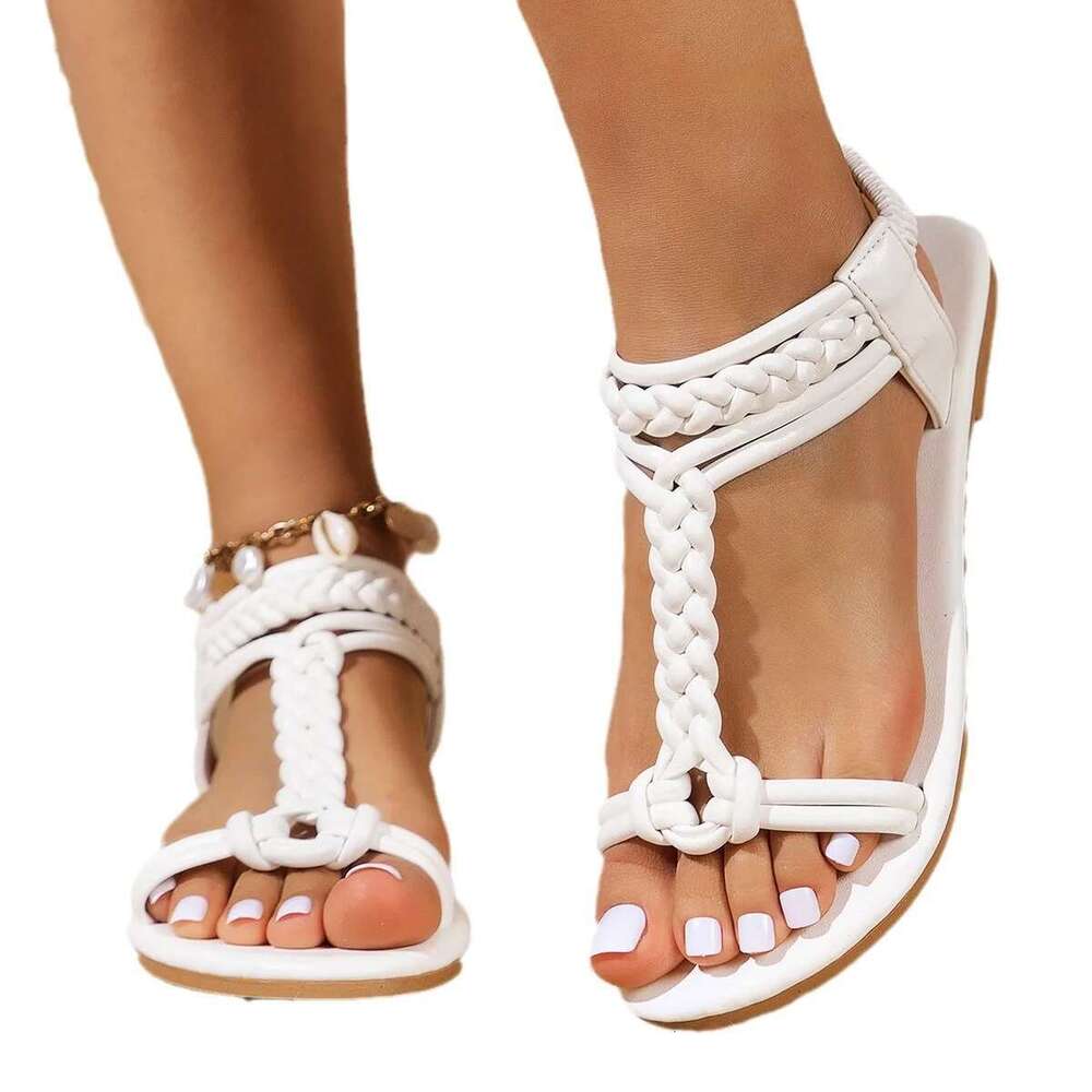 New Round Head Flat Set Toe Chain Women's Braided Buckle Beach Sandals Size 36-43