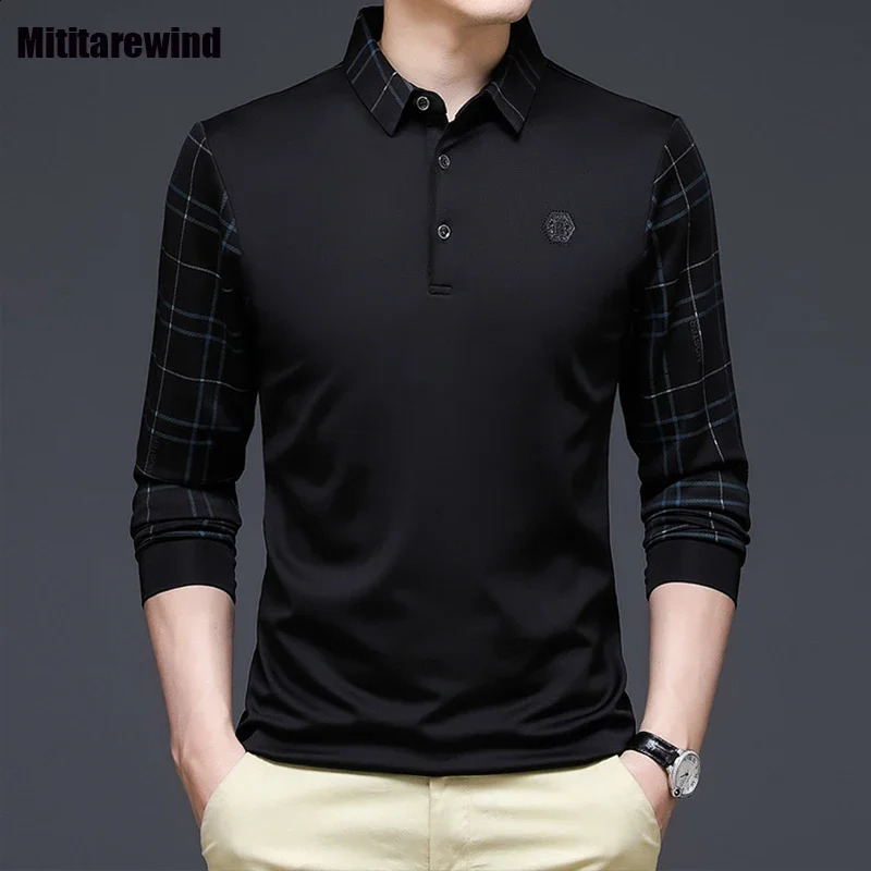 Spring and summer mens long sleeved Tshirt middleaged elderly office polo shirt lapel slim fit plain fashionable top casual 250321