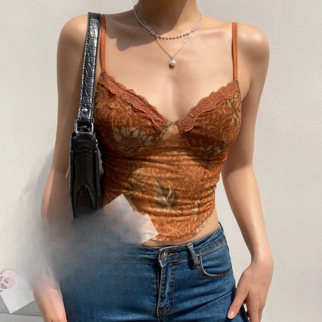 2025 New Model Maple Leaf Print Spicy Girl Camisole Vest Chest Cushion Paired With Spring And Summer French Style Design Niche Women's Outerwear 