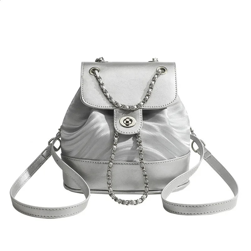 Womens Silver Backpack Summer Korean Niche Water Ripple Versatile Chain School Bag 250318