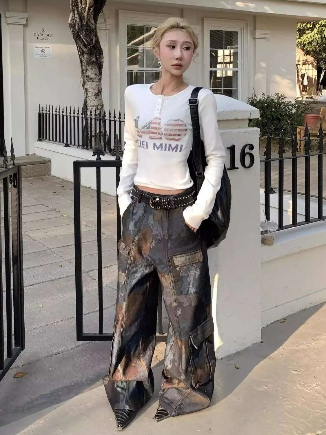 Retro Street New Style Camouflage Spliced Multi-Pocket Work Jeans For Women American Loose Straight Wide-Leg Casual Pants