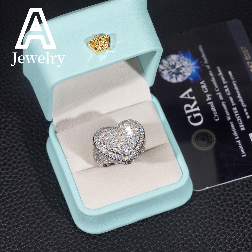 Hip Hop VVS Moissanite Trendy Heart Shape Rings 925 Silver Diamond Engagement Rings For Men Women