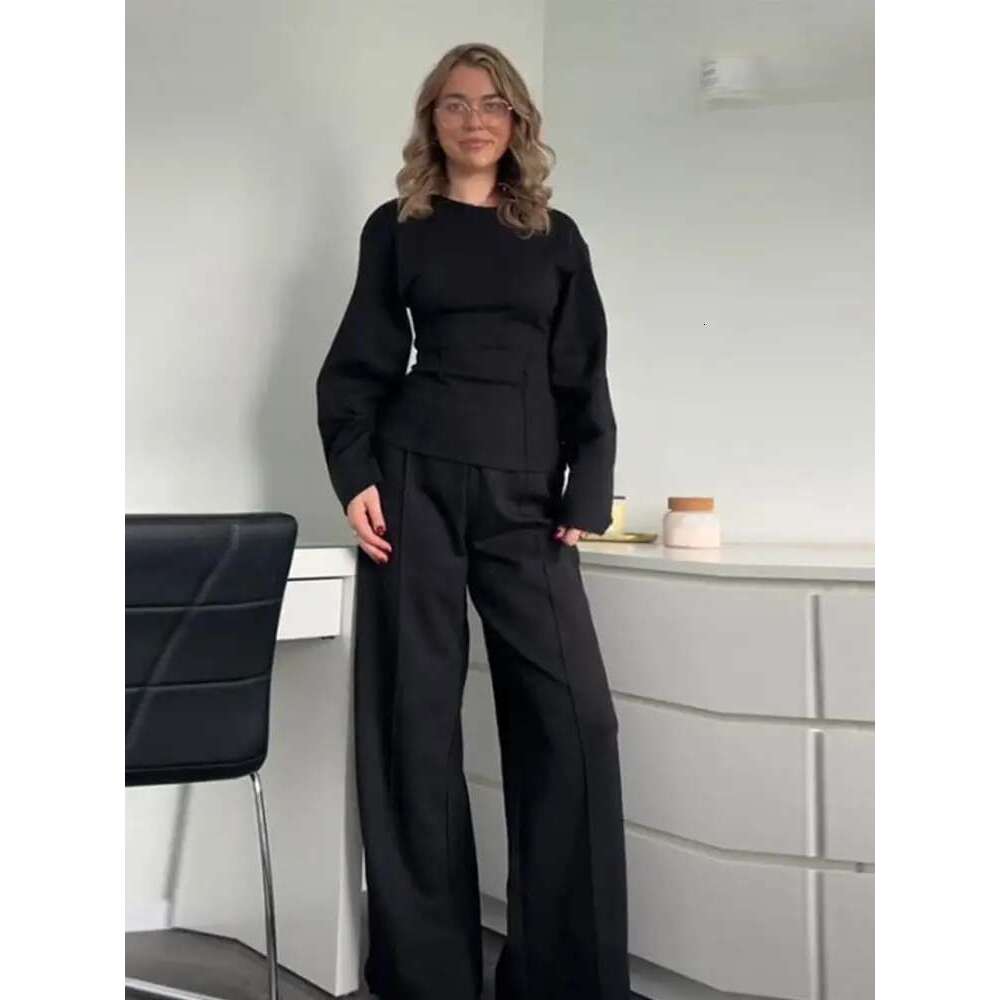Casual Solid Women 2 Pieces Sets With Trousers Fashion O Neck Full Sleeve Slim Top High Waist Long Pants Elegant Lady Streetwear