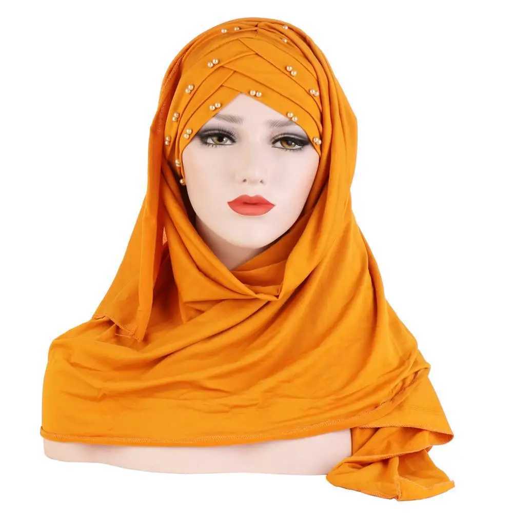 2019 Muslim cotton scarf plain weave headscarf with beads for shaving and wrapping female Muslim headscarf ready to wear headscarf X250324