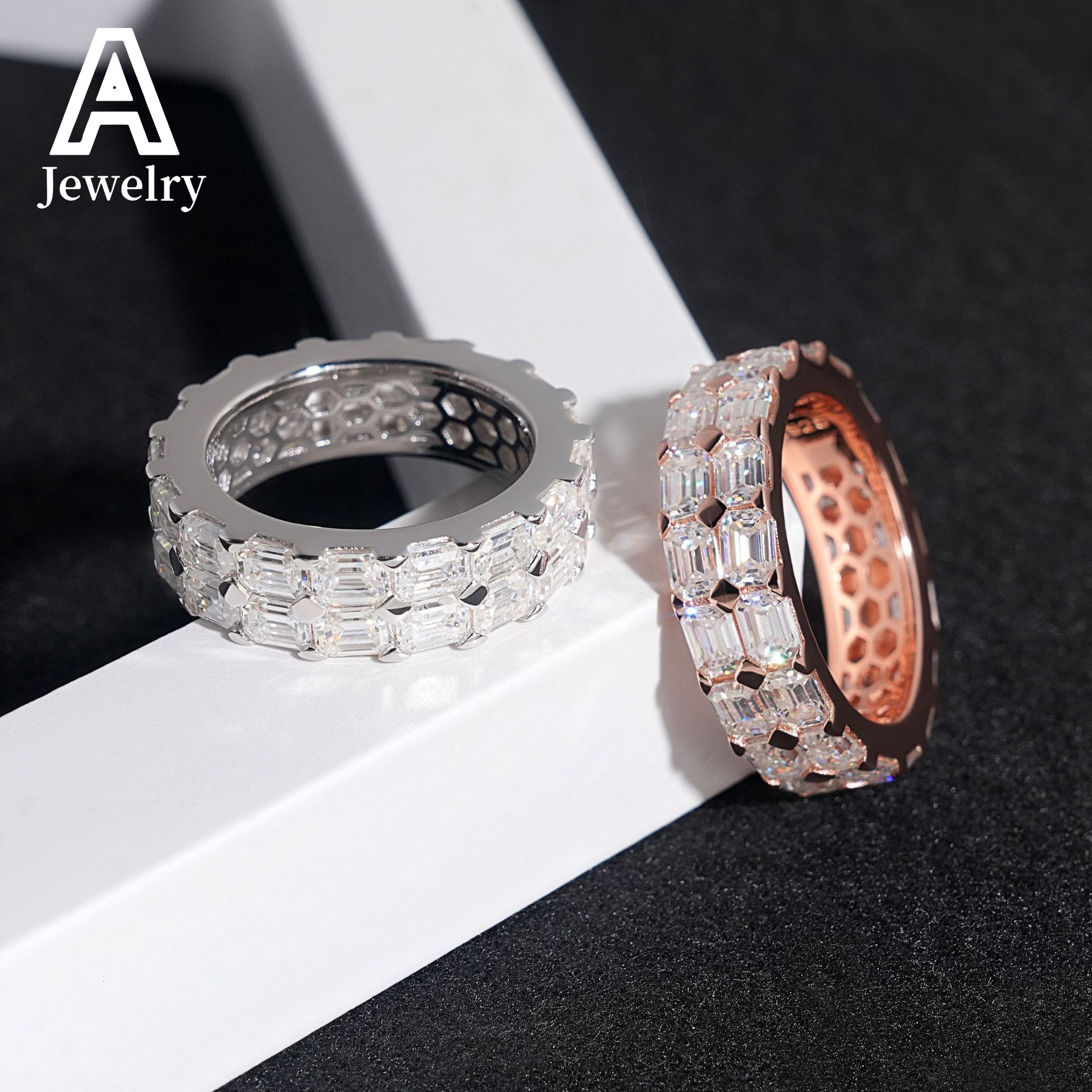 European and American fashion Jewelry Ring Double row 925 sterling silver Moissamite jewelry engagement diamond Hip Hop trend ri