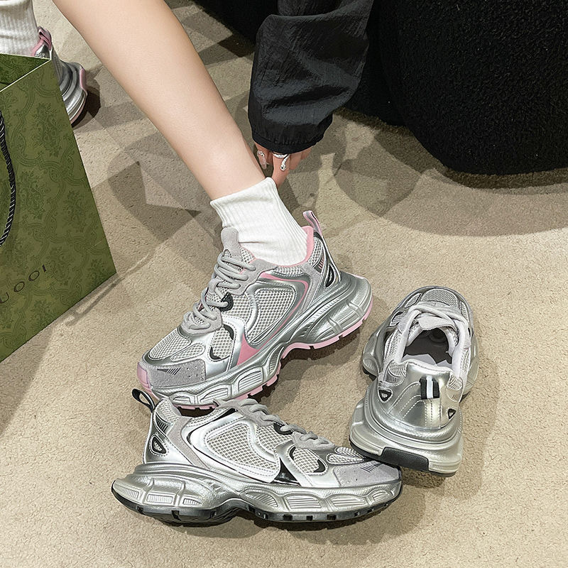Running shoes Women's high appearance level silver pink sports shoes increase thick soles 100 mesh casual