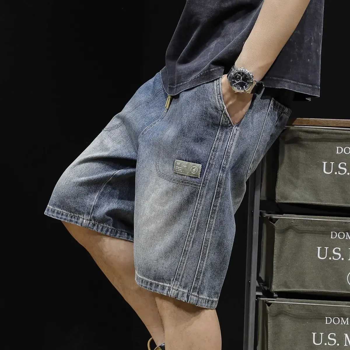 Short Jeans Pants for Men Half Bermuda Straight Long Drawstring Mens Denim Shorts Thin Korean Fashion Sale Popular XL Trend 2024 T250603