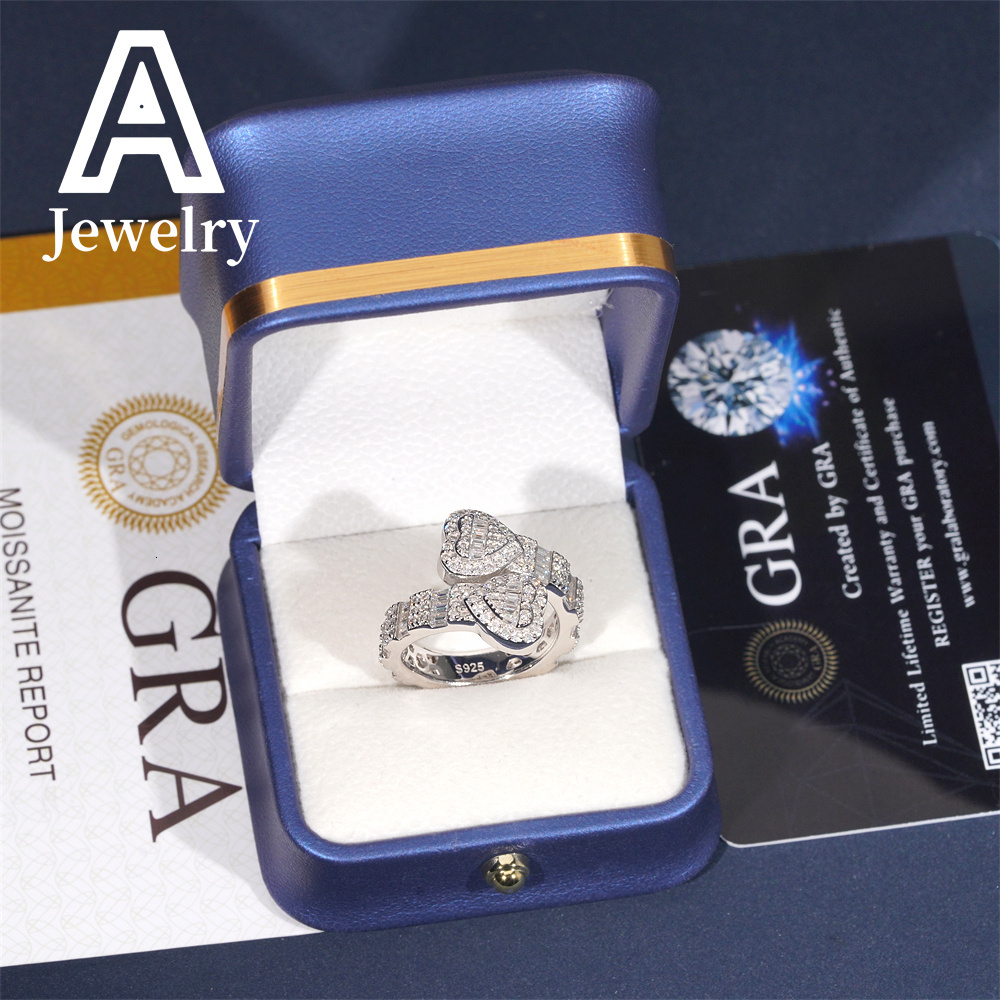 Baguette Double Heart Ring Moissanite Championship Ring sterling silver rings for men hip hop Fine Jewelry Unisex