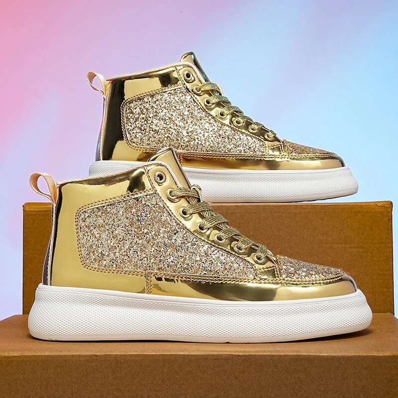 2025 new couple running shoes, high ankle women's outdoor street walking boots, gold winter carnival sports shoes