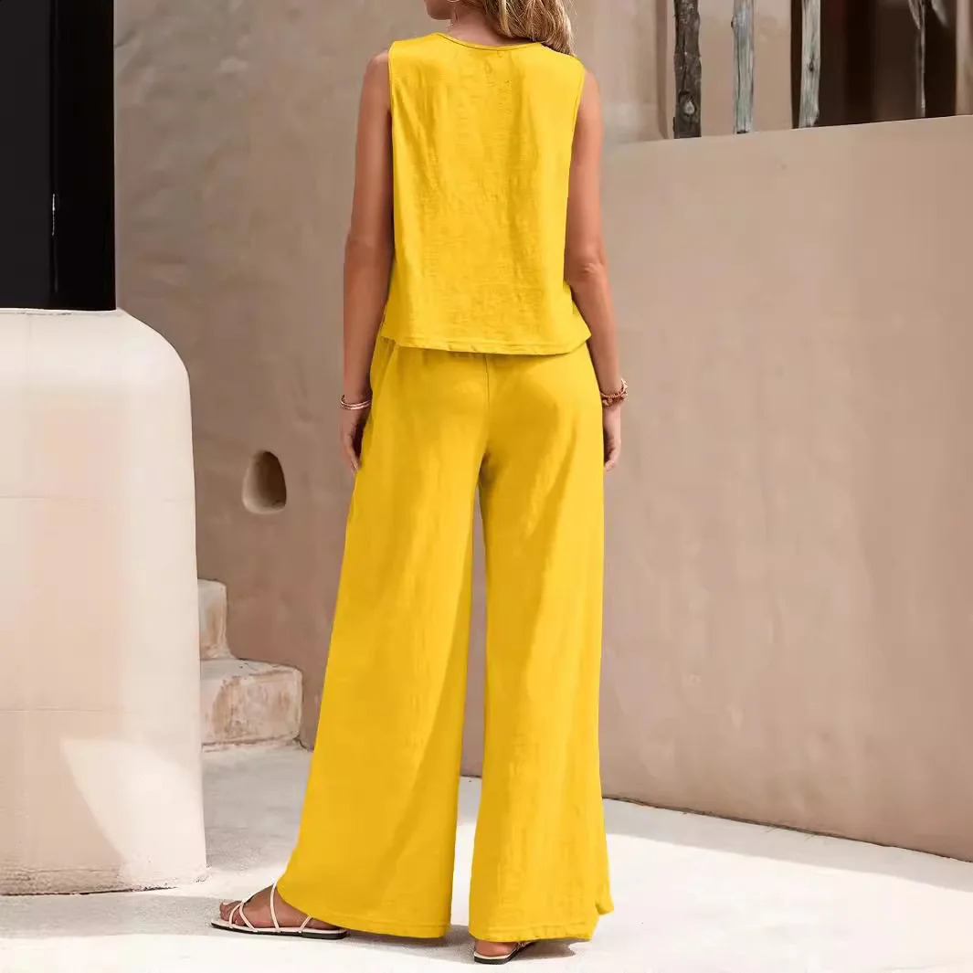 Elegant Womens Summer Yellow Round Neck Sleeveless Fashion Top Womens Casual High Waist Pocket Wide Leg Pants 2-piece Set XXL 250324