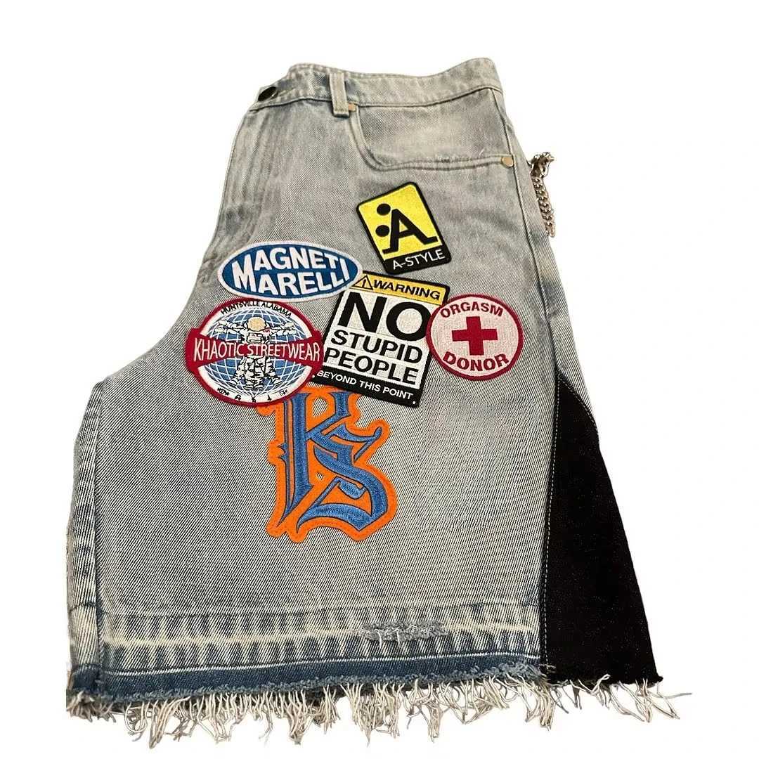 Streetwear Retro Patchwork Denim Shorts Y2K Jeans Men Women Hip Hop Cartoon Graphics Retro Blue Loose Denim Fitness Casual Shorts T250603