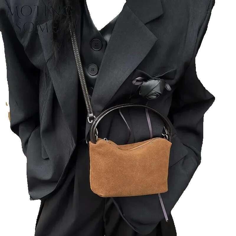 Motingsome Mini Pouch Suede Cowhide Portable Lunch Box 2024 New Versatile Hand Bag Retro Shoulder Messenger Purse