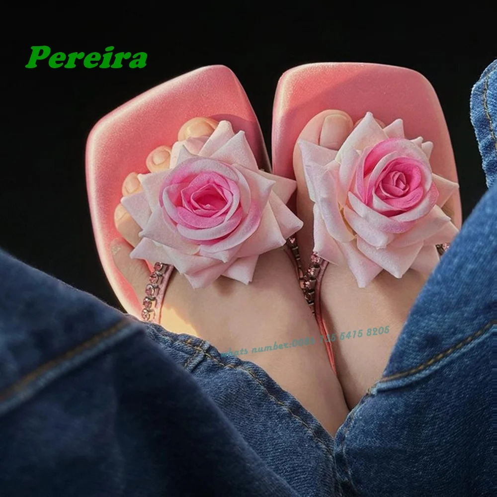 Flower Pink Satin Slippers Square Toe Crystal Chunky Heels Womens Slippers Summer est Flip Flops Cute Shoes 250322