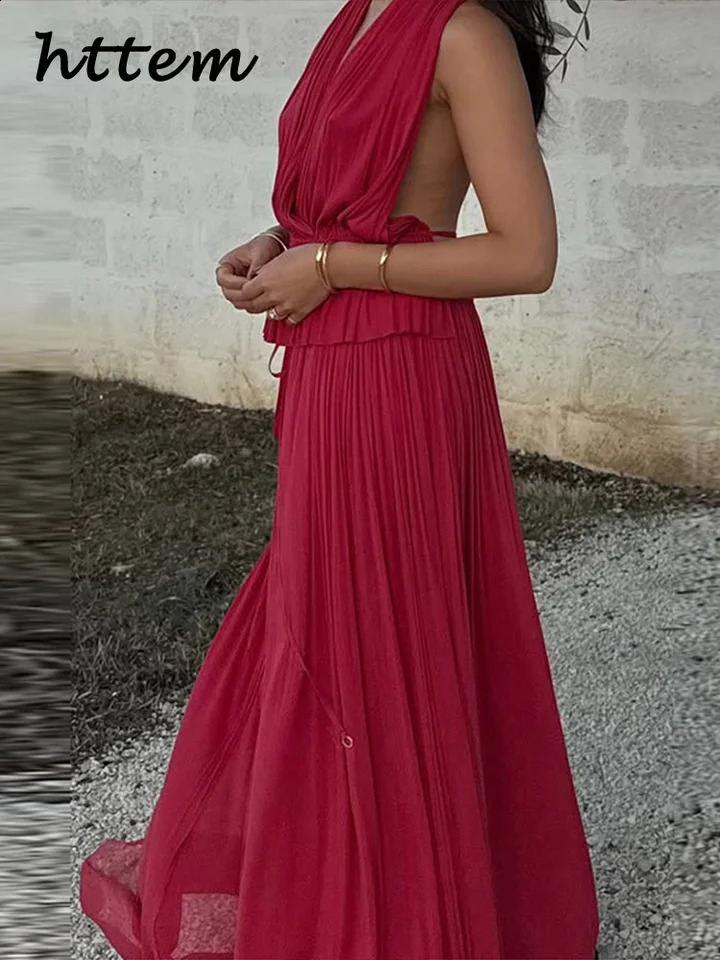 Sexy Backless Halter Vest Skirt Sets Women Beach Lace Up Tops Pleated Elastic Waist Long Skirts 2025 Summer Lady Vacation Outfit 250317