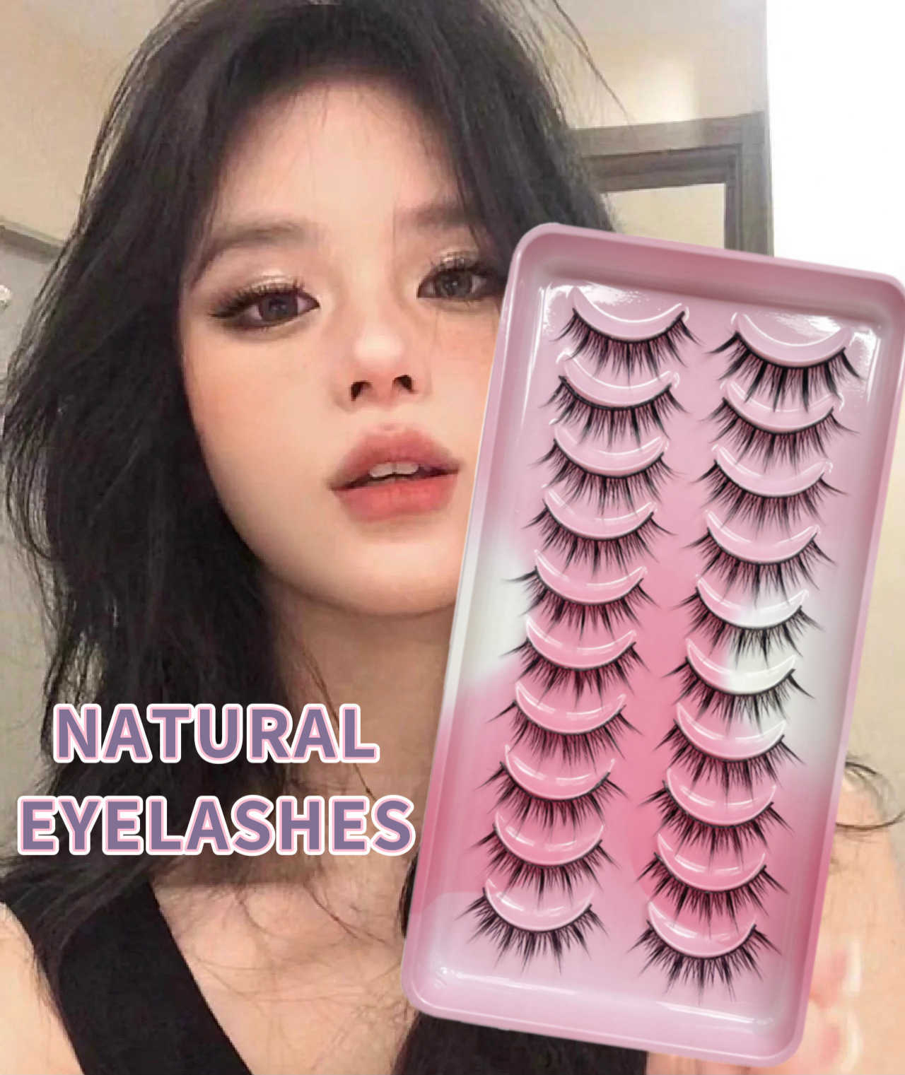 Eyelashes 10 pairs of fake eyelashes naturally thick 3D eyelash straight W250324