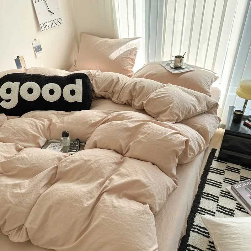 Washed Cotton Bed Linen Bedding Set 3/4 Pieces Bed Sheets Set Solid Color Cforter Cover Couple King Size Bed Quilt Cover Z250324