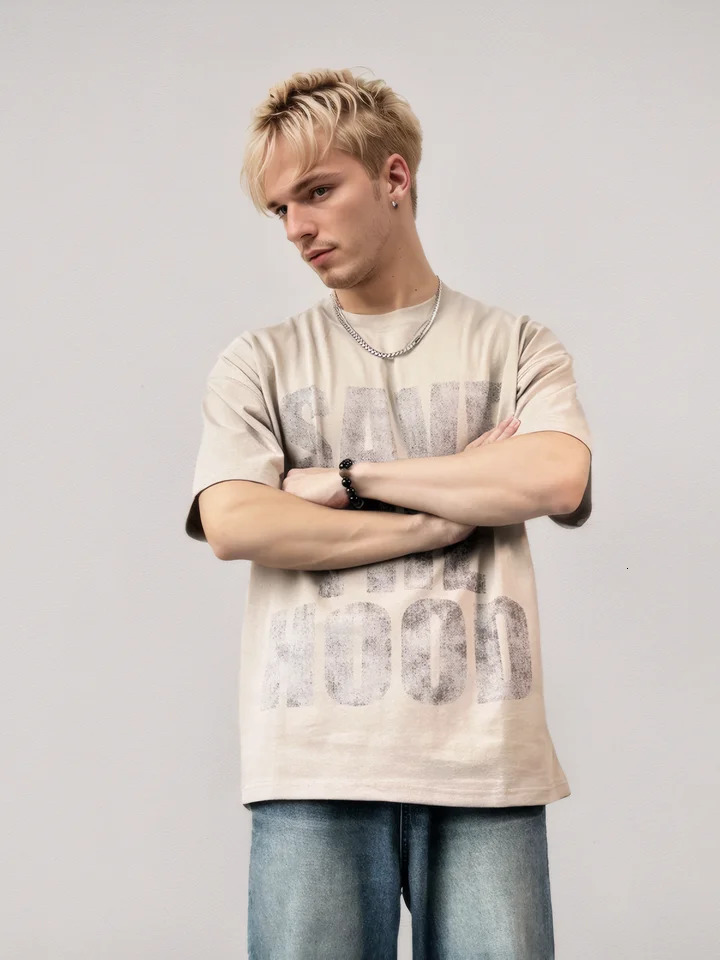 Plus Size 100% Cotton T-shirt Thick Streetwear American Retro y2k er Summer Round Neck Tee Screen Print Mens T-shirt 250324