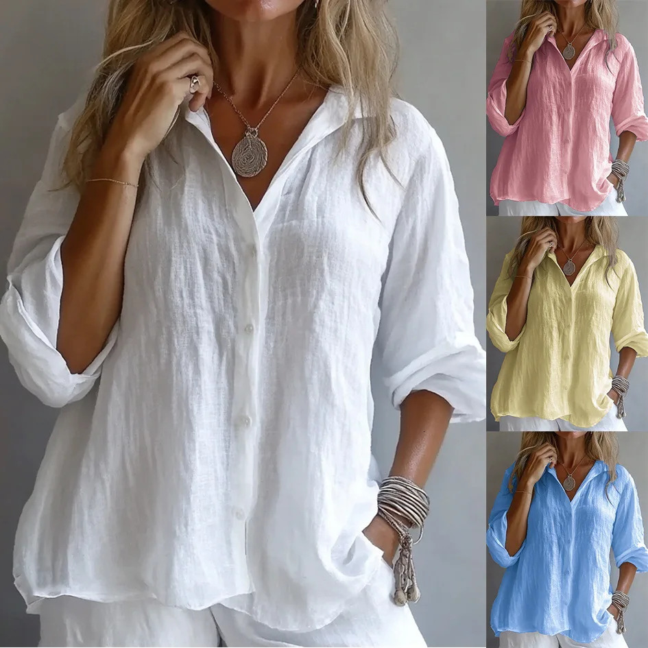 Casual Solid Top Shirt Spring Autumn Fashion Elegant Long Sleeve Button Cotton Linen Top Office Casual Shirts Women Clothes 250318