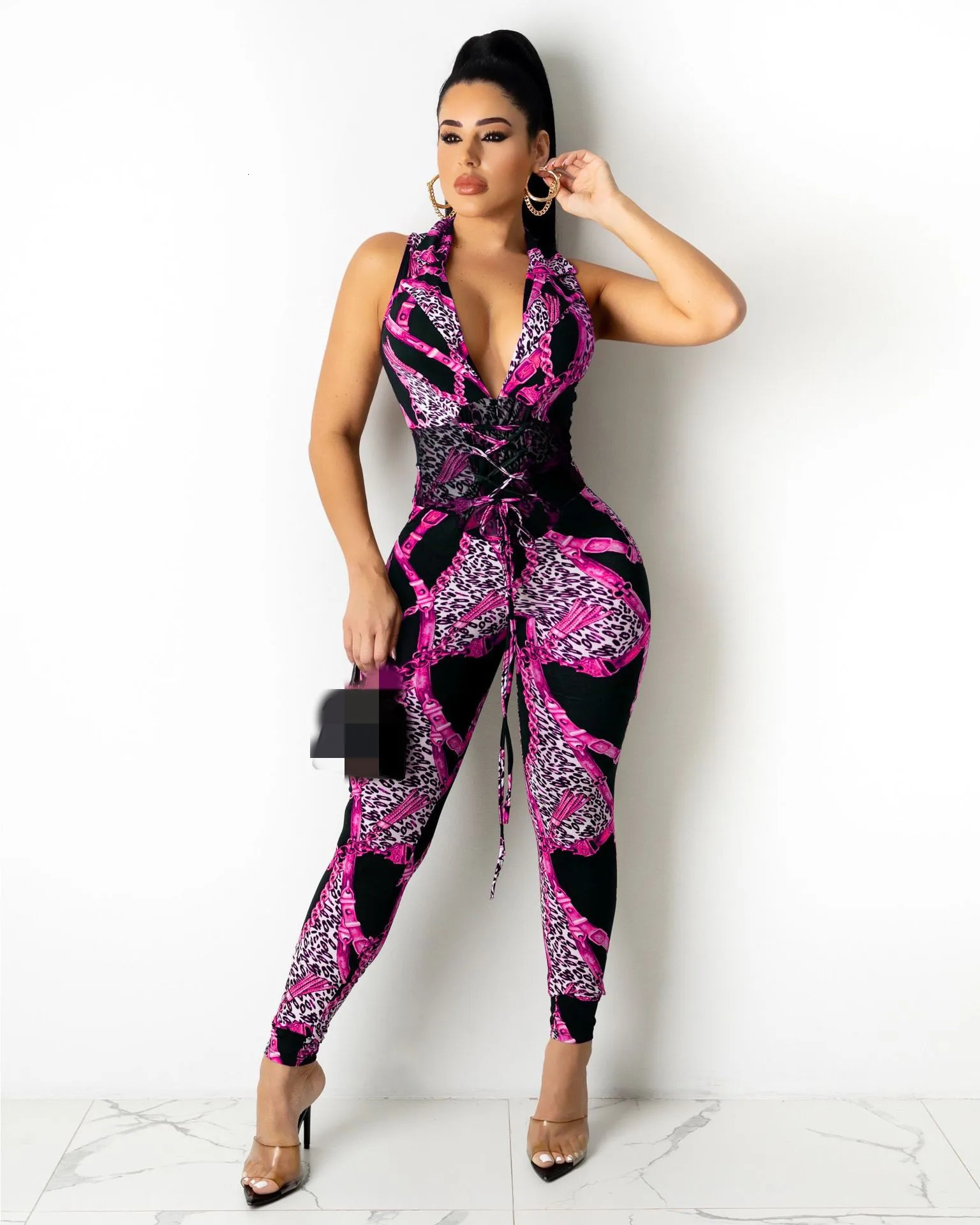 JRRY sexy womens jumpsuit sleeveless waistband printed tight fitting clothing with high elasticity chain pattern for outdoor wear 250324Z