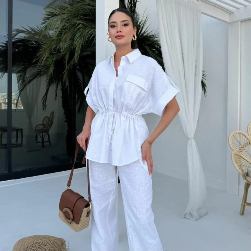 Summer Fashionable Casual Set For Female Workers With Wind Drawstring Pocket Two Piece Set For Women Streetwear 250324
