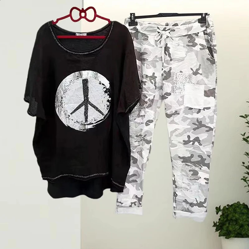 Women Two Piece Set Casual Asymmetrical Pullover Blouse Lace-up Pants Suits Fashion Trend Camouflage Pants Print Sets 250324