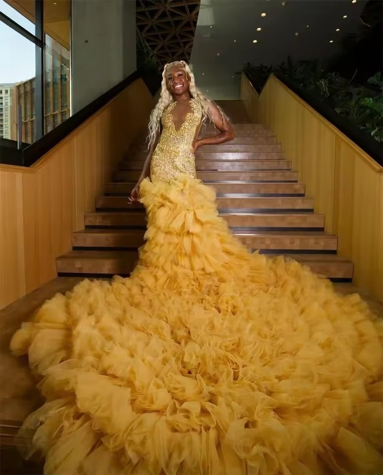 Gold Beaded Crystal Tulle Ruched Train Prom Dresses For Black Girls Mermaid Ladies Dress Special Birthday Party GOwns Customized