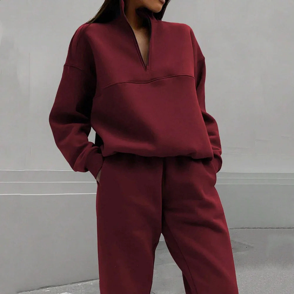 Women Autumn Winter Hoodie Sets Two Piece Sets Solid Pullover Zipper Hoodies And Pant Trousers With Pocket 2 PCS Set Sports Suit 250322