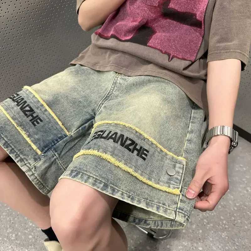 Mens Denim Shorts Half Graphic Long Mens Short Jeans Pants with Text Bermuda Cut Vintage Buttons Streetwear New in Cowboy Xxxl T250603
