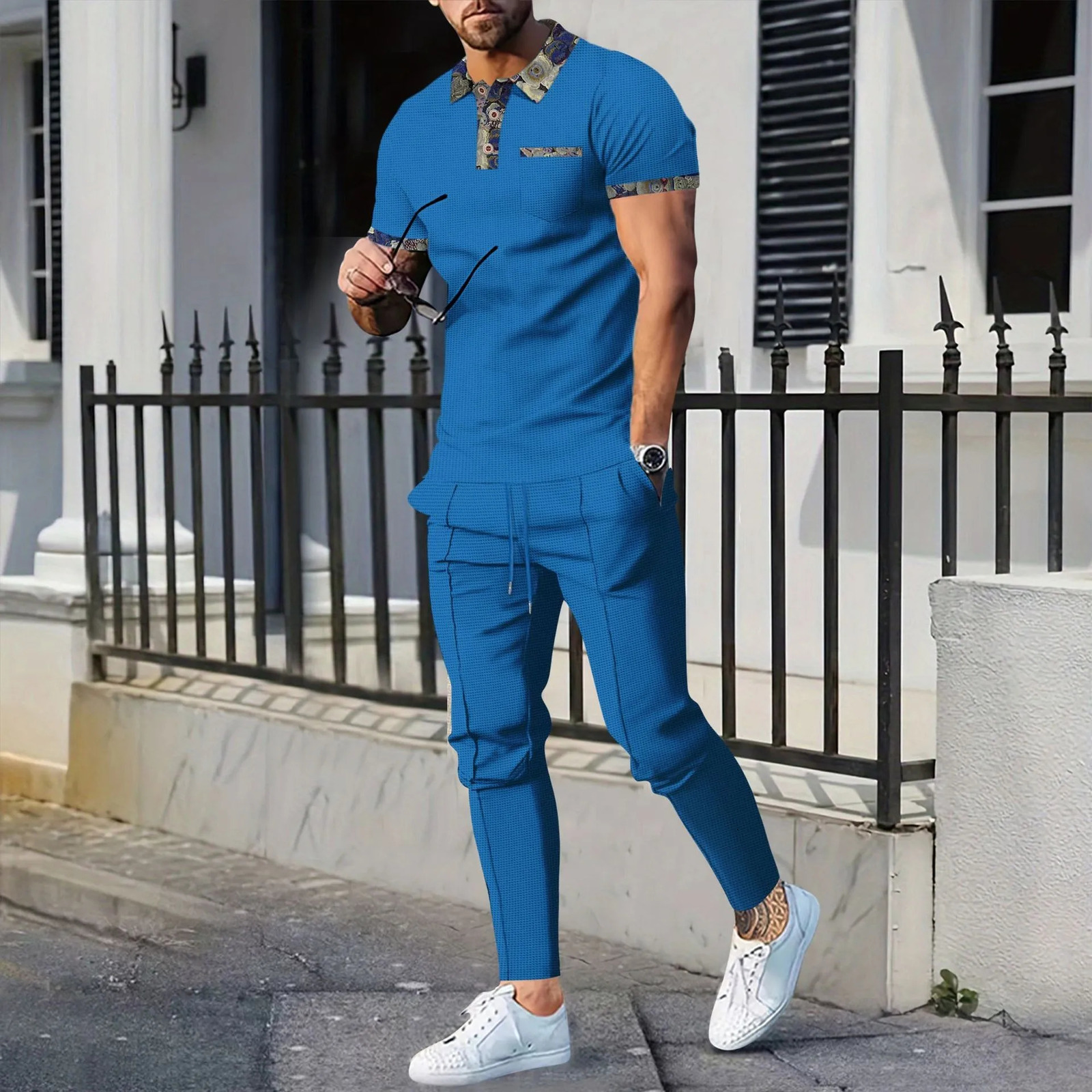 Summer Mens Casual waffle collar color matching pocket short sleeved casual pants set 250324