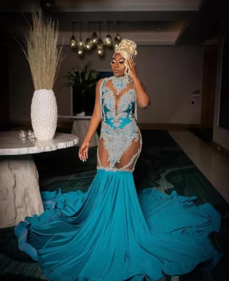Customized Sexy 2025 Blue Satin Mermaid Prom Dresses Lace Appliuqes Formal Evening Ocn Gown For Black Girls vestidos de ga