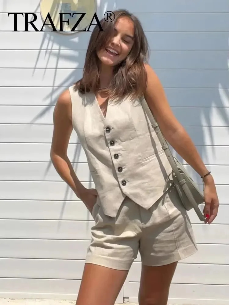 TRAFZA Summer Womens Casual Retro Solid Pants Set Button Waist Coat Tank Top Shorts Cotton Linen Clothing 250322