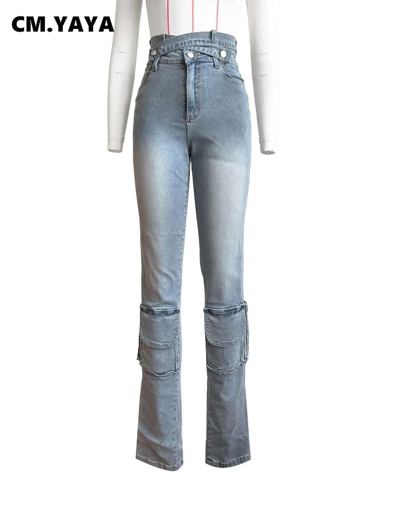 Cm.Yaya Women Streetwear Fashion Pocket Zipper Fly Denim Pants 2024 Washed Pencil Cross Waist Safari Style Cargo Wide Leg Jeans
