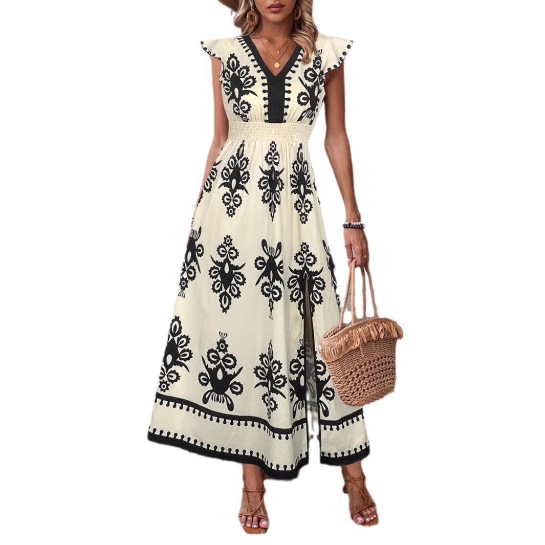 2024 Summer New High Waist Split Long Skirt with Horn Sleeve Printed Dress for Women