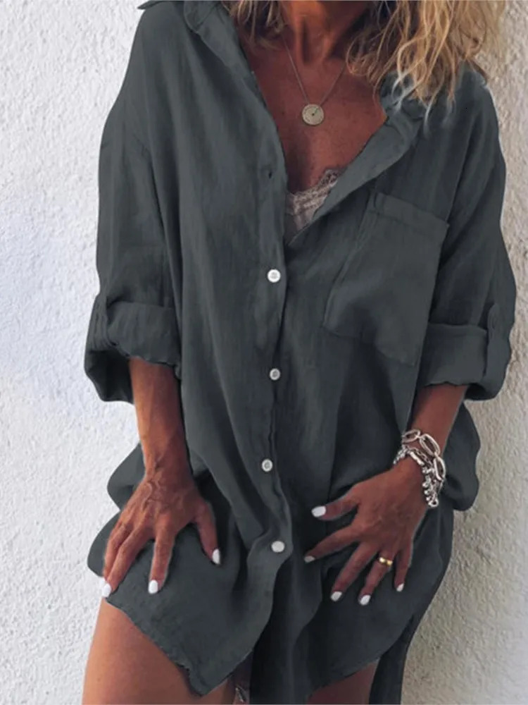 Summer womens clothing fashion cotton linen pocket beach fashion button top long sleeved casual and comfortable 250318