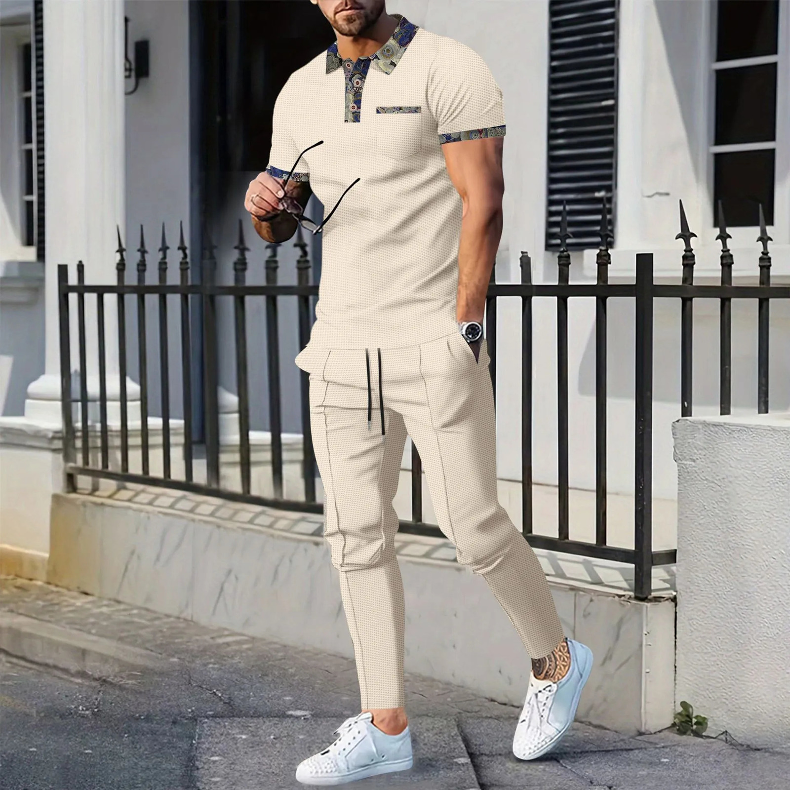 Summer Mens Casual waffle collar color matching pocket short sleeved casual pants set 250324