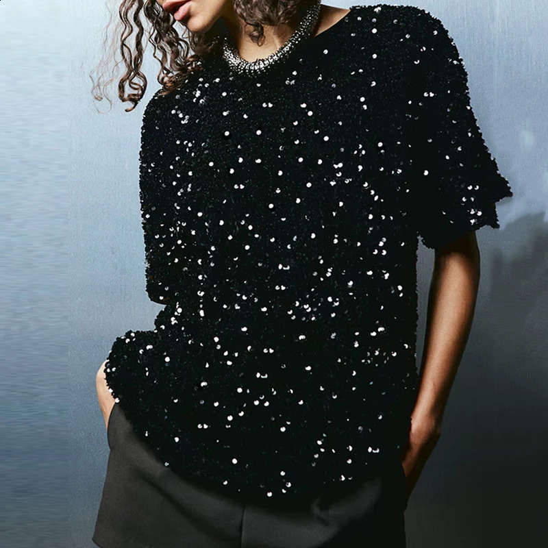 2025 Velvet Sequin Solid Color Club Party Shirt Elegant Loose Commuting Top Spring Summer O-neck Short Sleeved Womens Pullover 250324