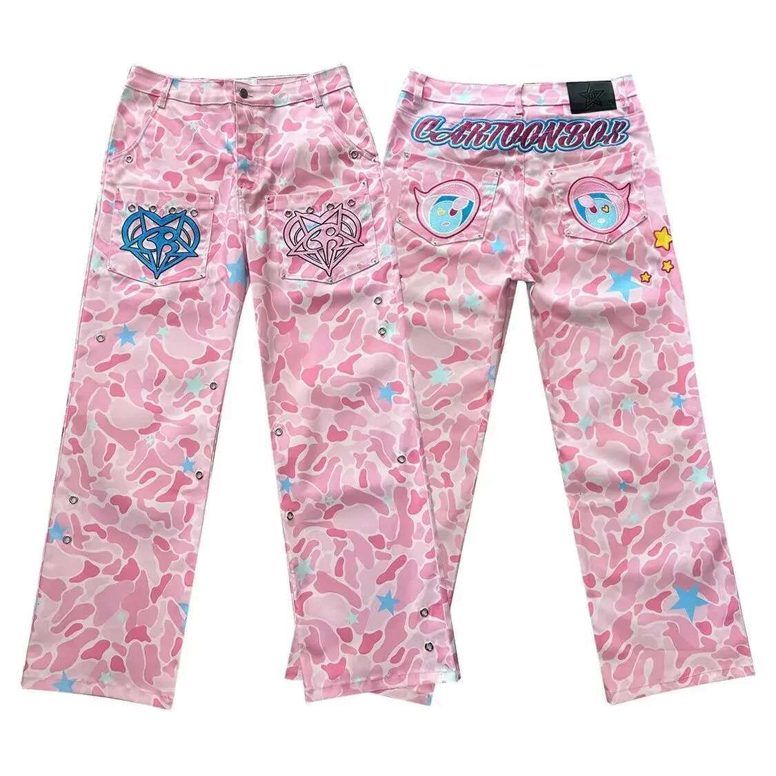 Pink Embroidered Jeans Design Sense Heavy Craftsmanship Camouflage Woman Street Hip Hop Unisex Straight Wide Leg Pants