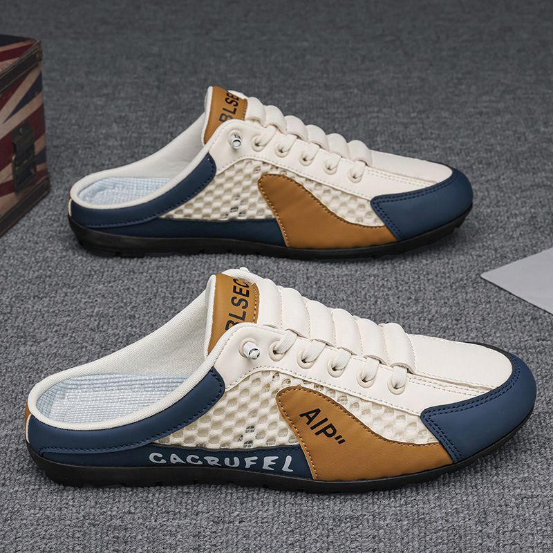 designer shoes 2025 Summer mesh breathable hole sandals for men thin style men's shoes Men's lazy one-step slip-on backless toe cap slippers