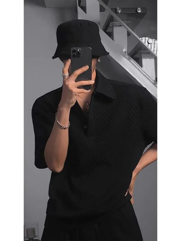 American retro waffle polo shirt mens and womens hiphop loose short sleeved lapel Tshirt trendy minimalist top harajuku y2k 250312